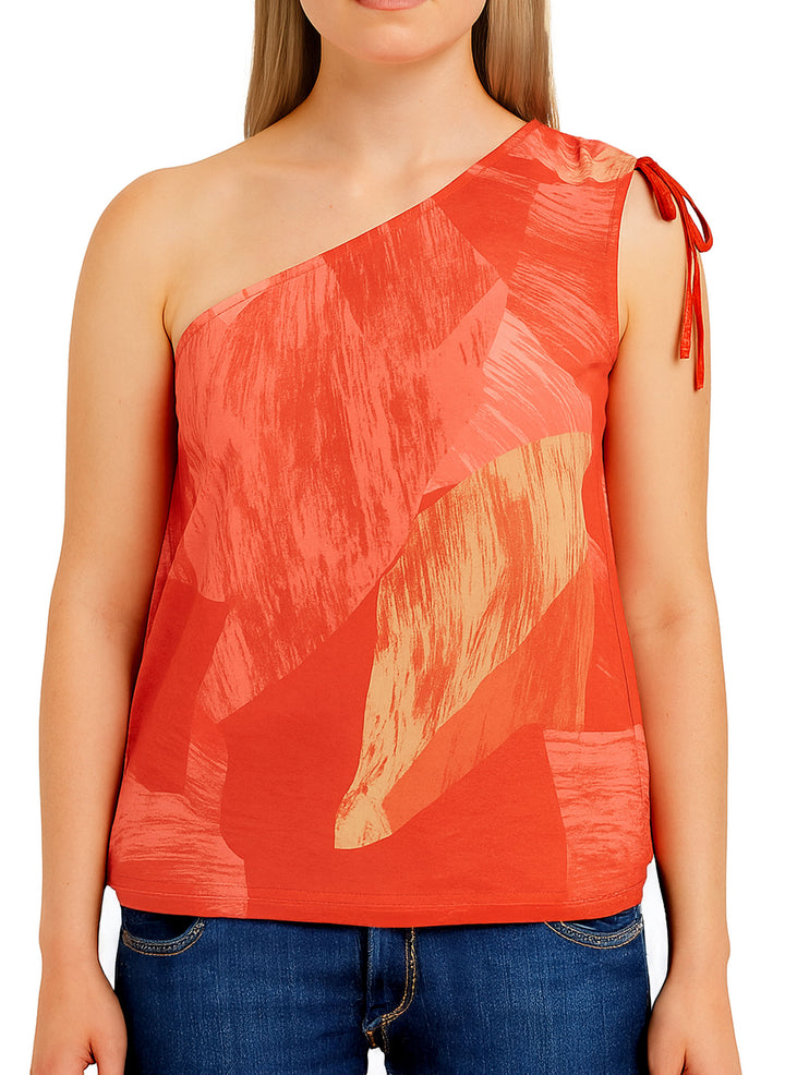 Aurora Printed One Shoulder Top in Red