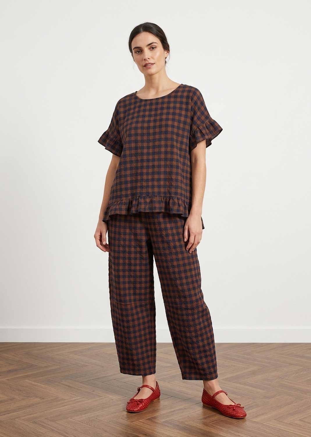 Beaumont Brown Navy Checked Barrel Pants