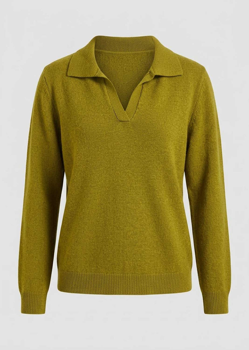 A long-sleeve knit polo sweater in a muted olive yellow-green color, shown against a plain light gray background.