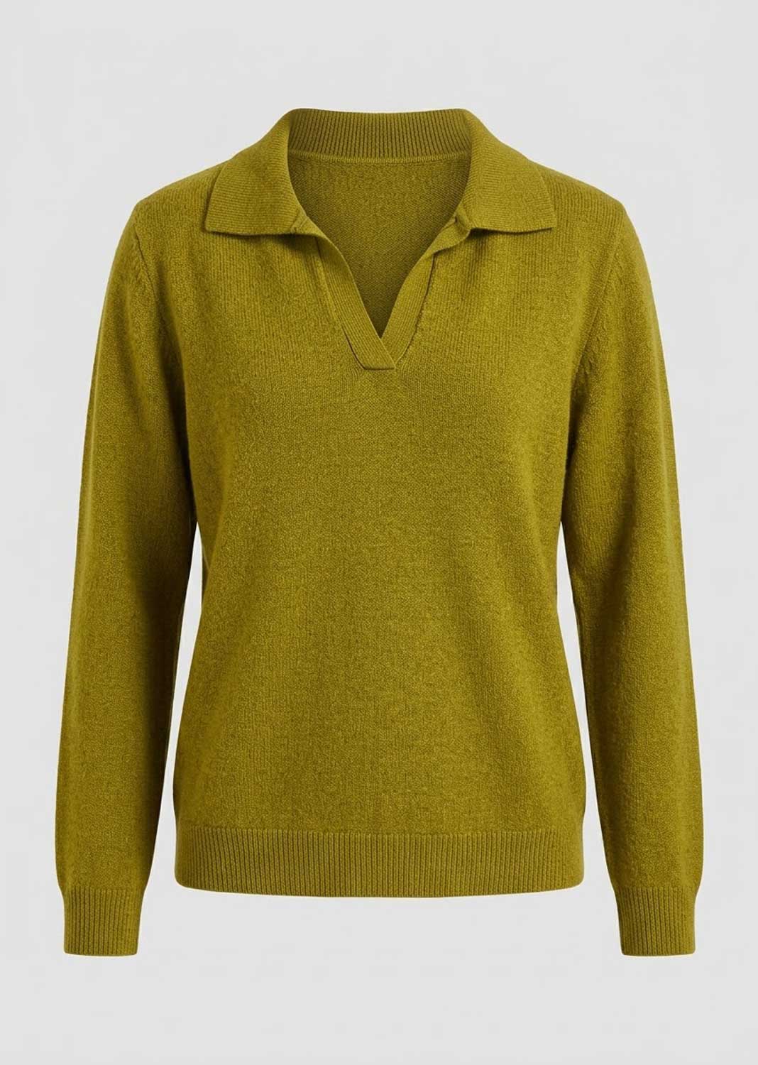 A long-sleeve knit polo sweater in a muted olive yellow-green color, shown against a plain light gray background.