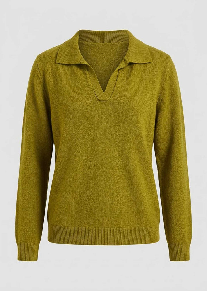 A long-sleeve knit polo sweater in a muted olive yellow-green color, shown against a plain light gray background.
