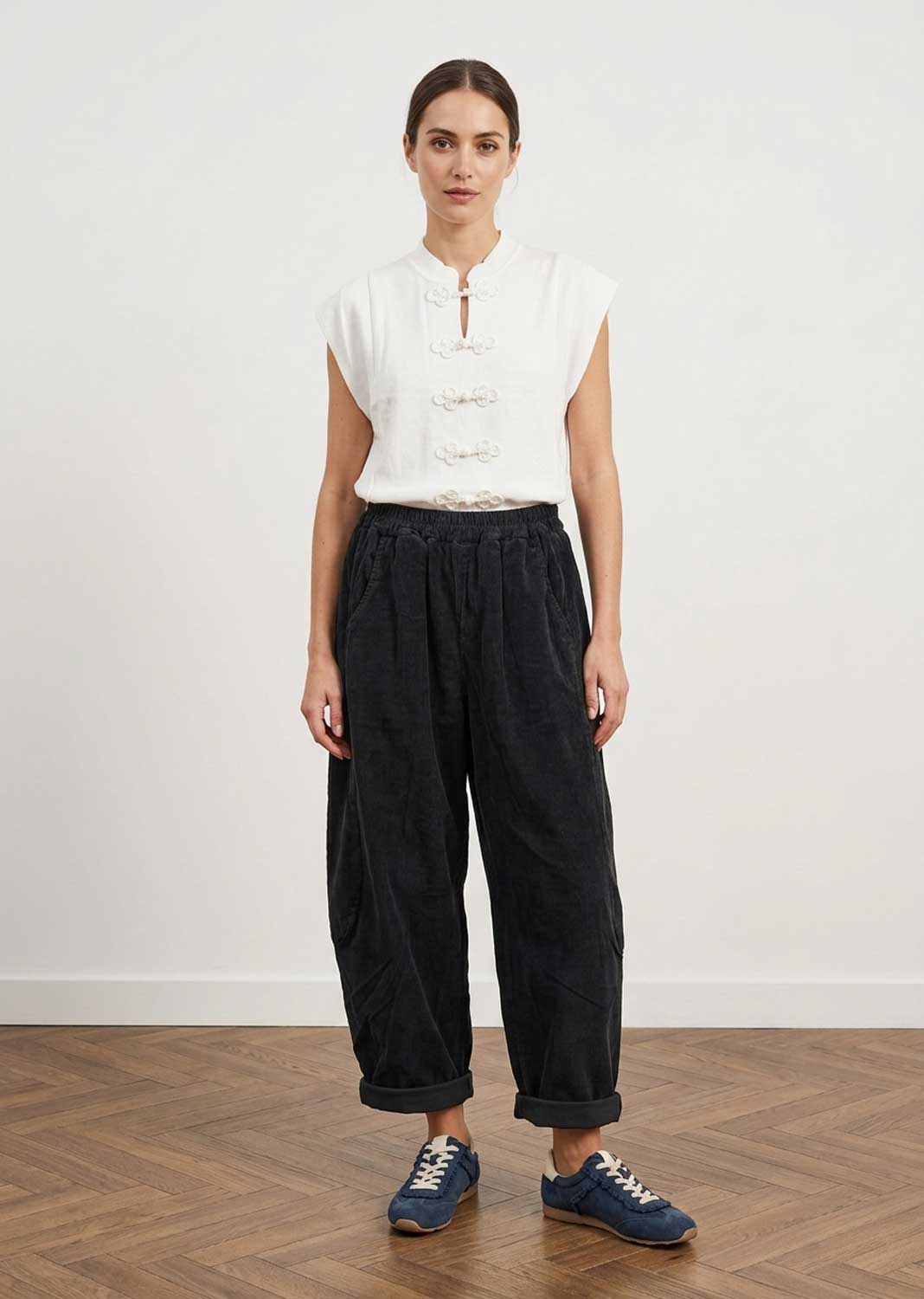 Beckett Black Babycord Barrel Pants
