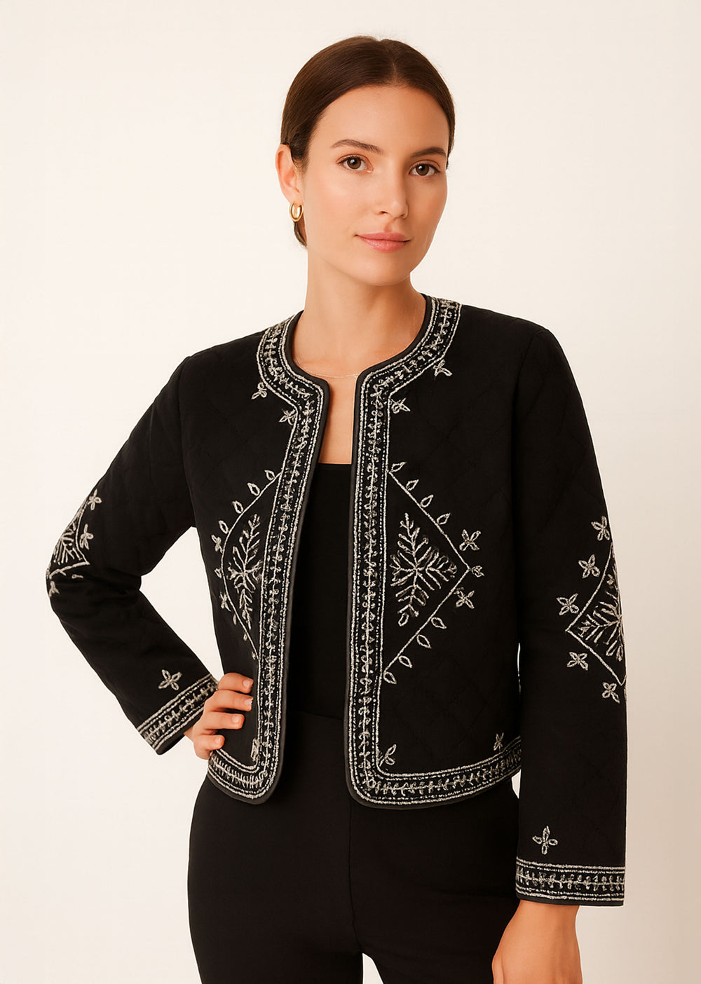 Embroidered Quilted Jacket Black