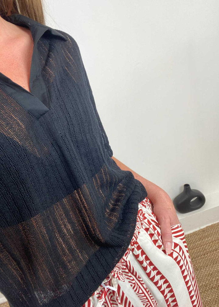Cailey Knitted Polo Top in Black