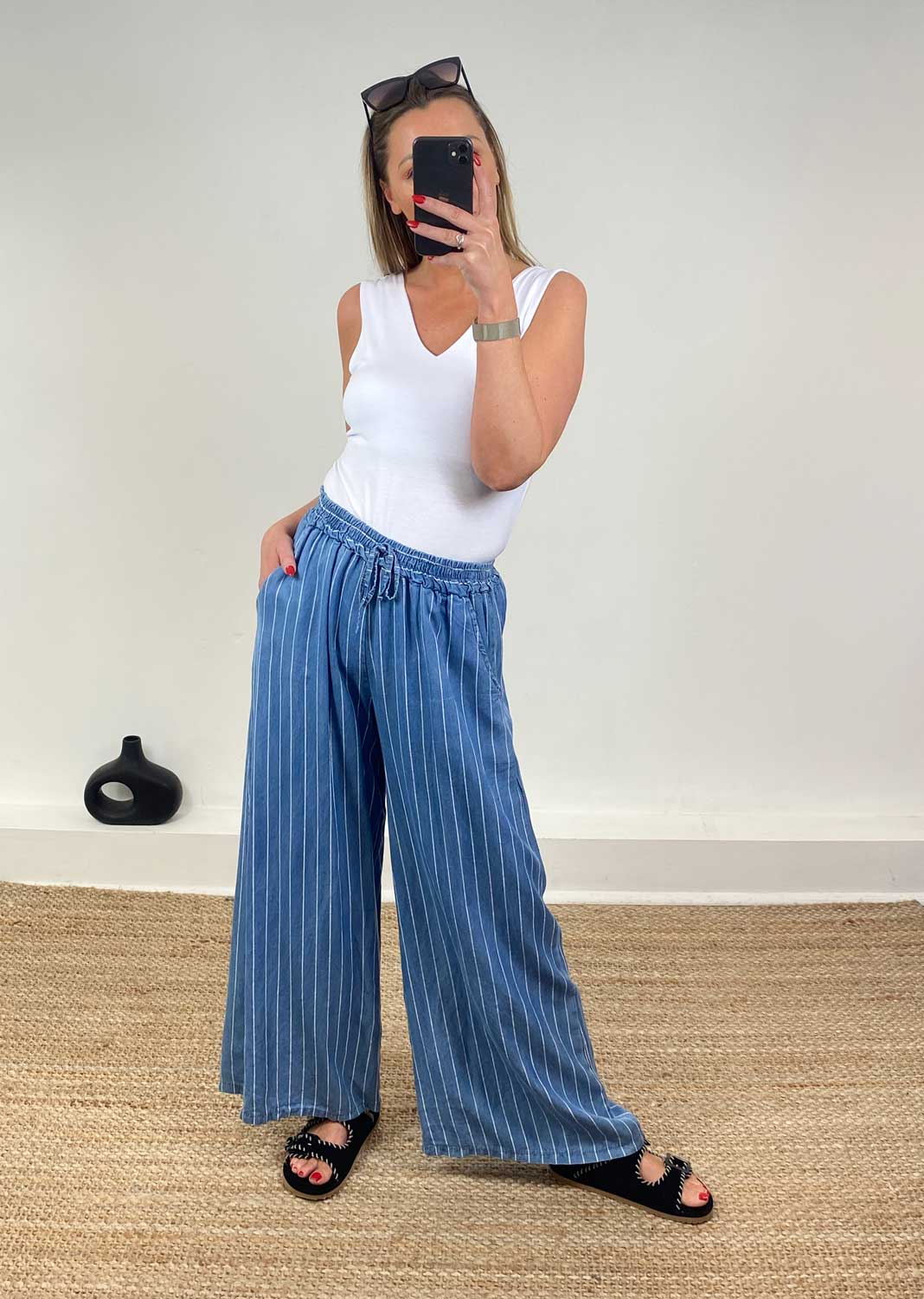 Annie Stripe Chambray Pants in Light Denim