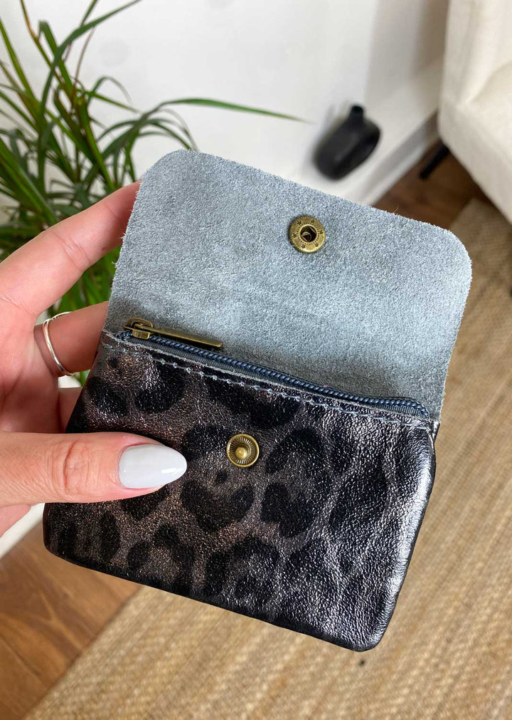 Small Metallic Leather Coin Purse - Grey Leopard