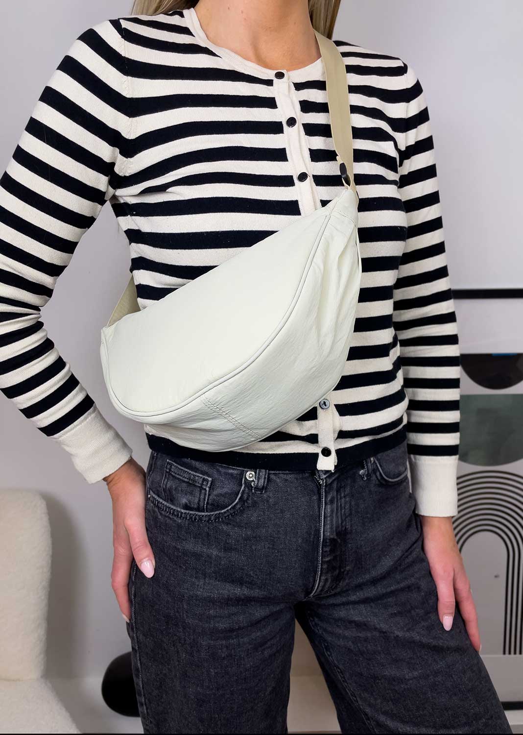Nylon Crescent Sling Bag in Cream
