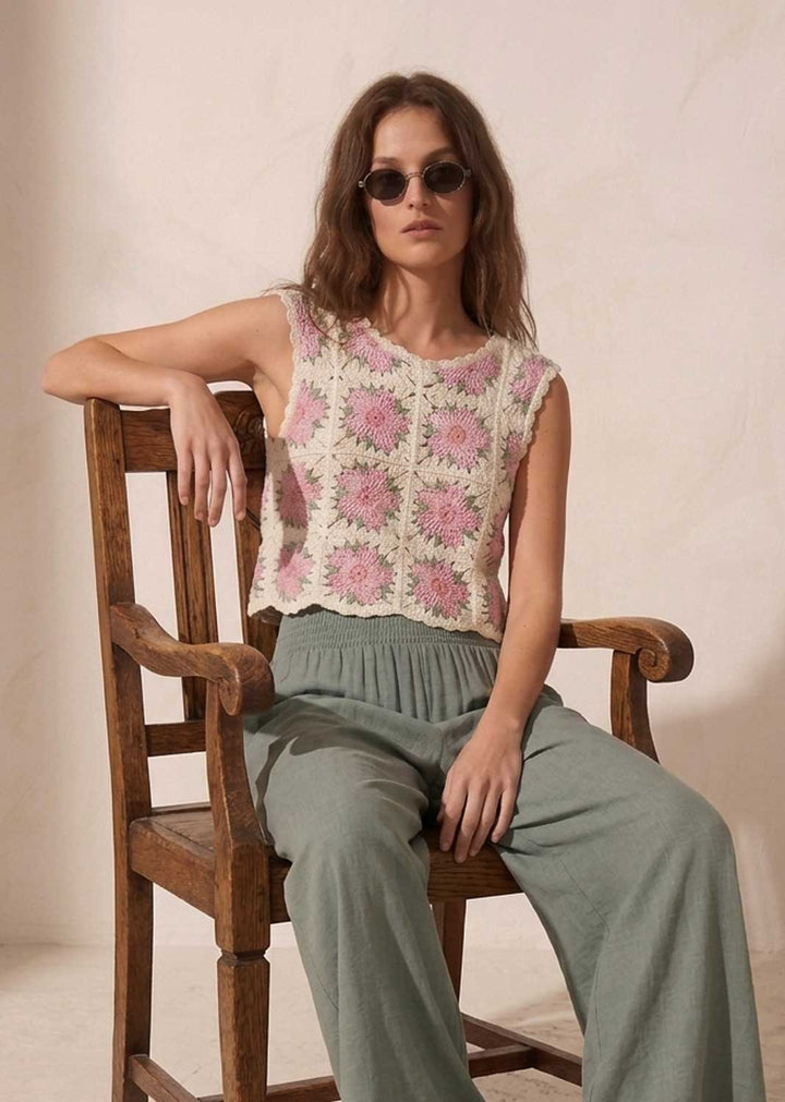 Pink Flower Crochet Sleeveless Top