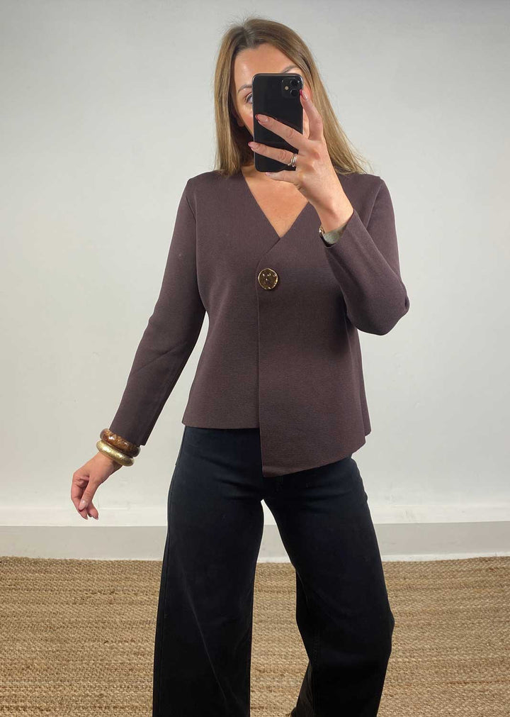 Darlene Gold Button Cardigan in Brown