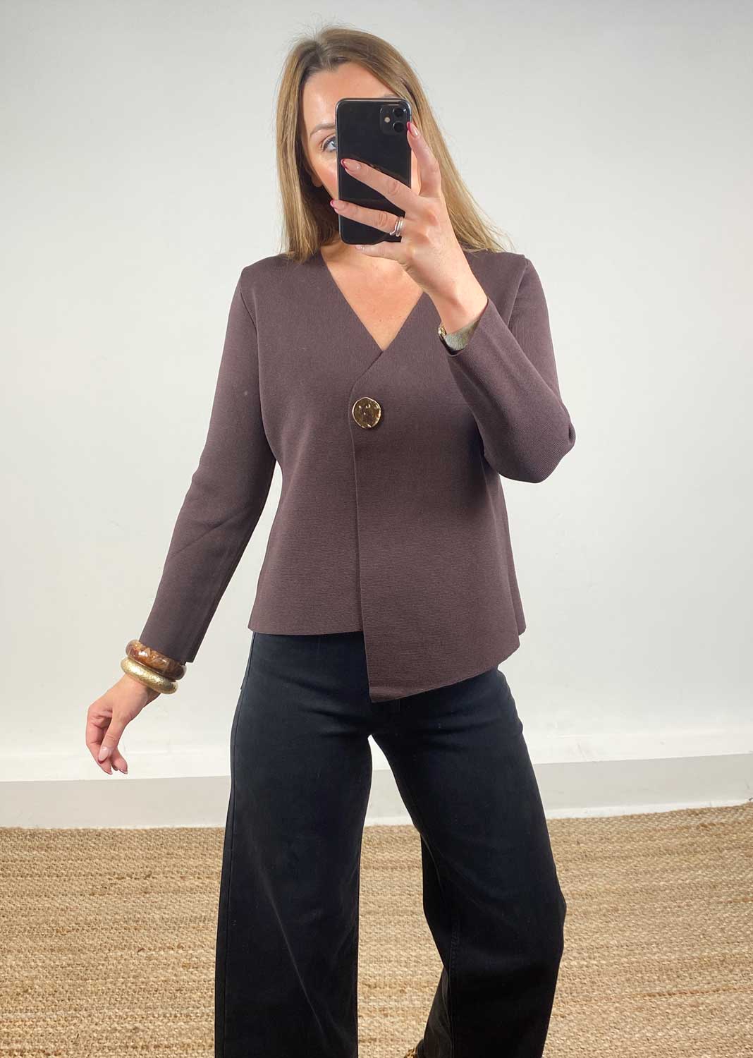 Darlene Gold Button Cardigan in Brown
