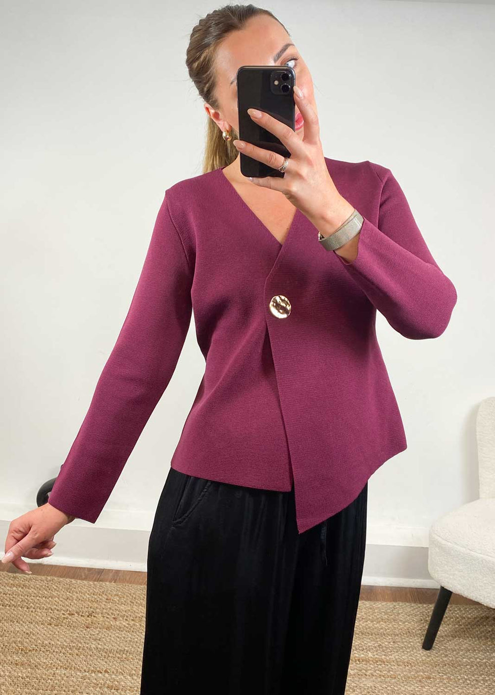 Darlene Gold Button Cardigan  Burgundy