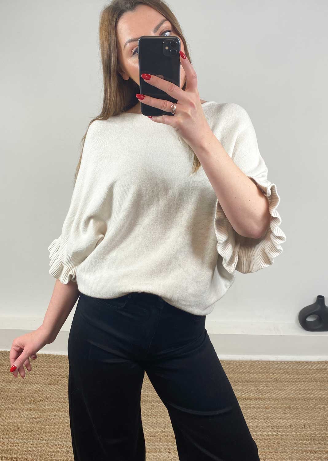 Elira Frill Sleeve Knit Jumper Cream