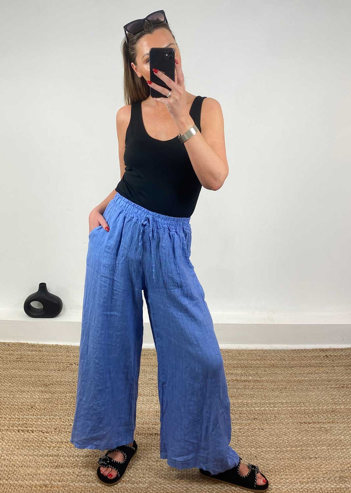 Ellie Stripe Linen Pants in Blue