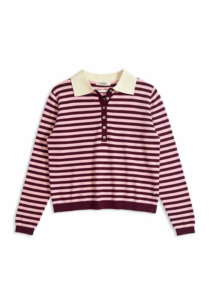 Finula Stripe Polo Knit Jumper Pink Burgundy