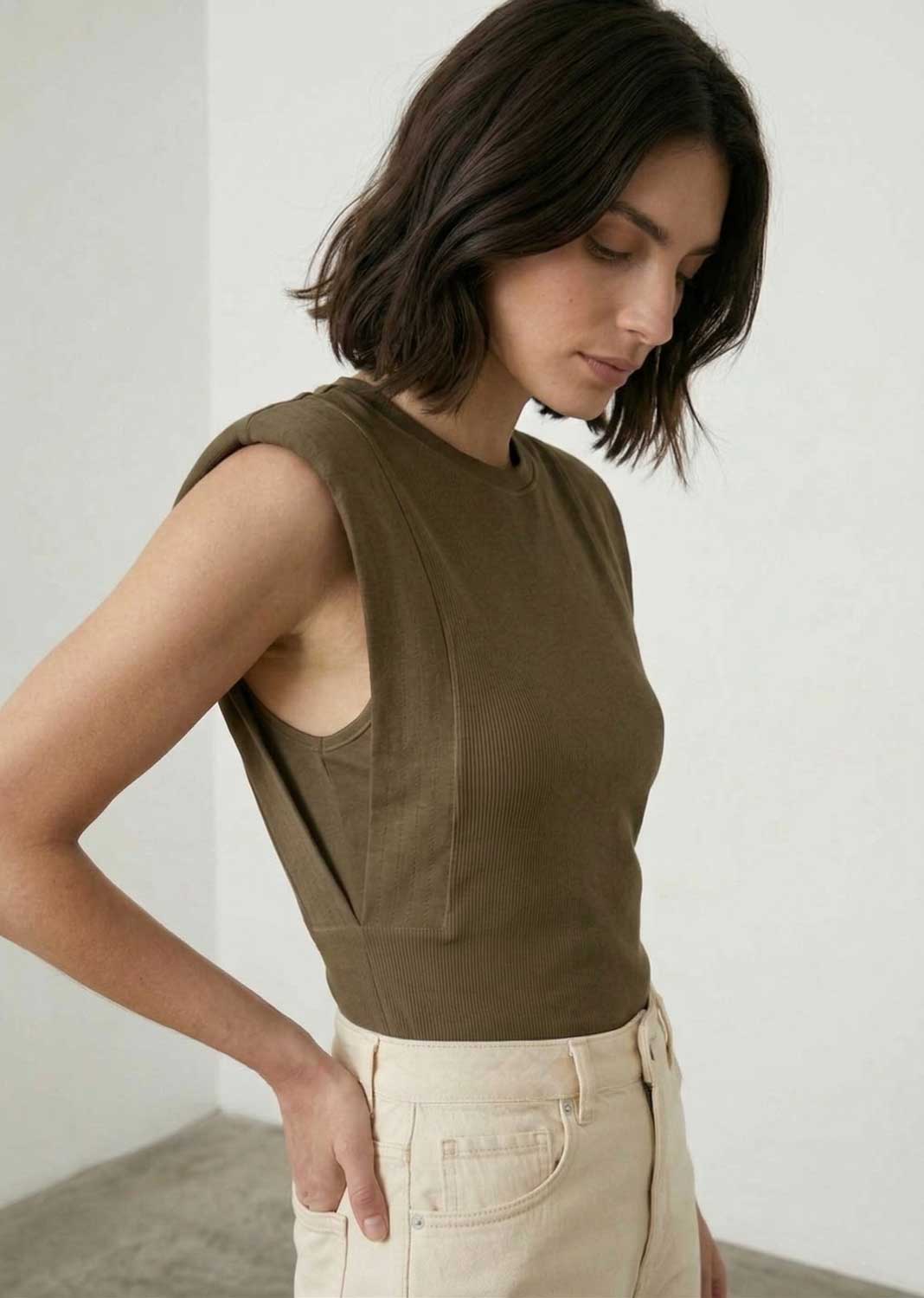 Genevieve Khaki Extended Shoulder Tshirt