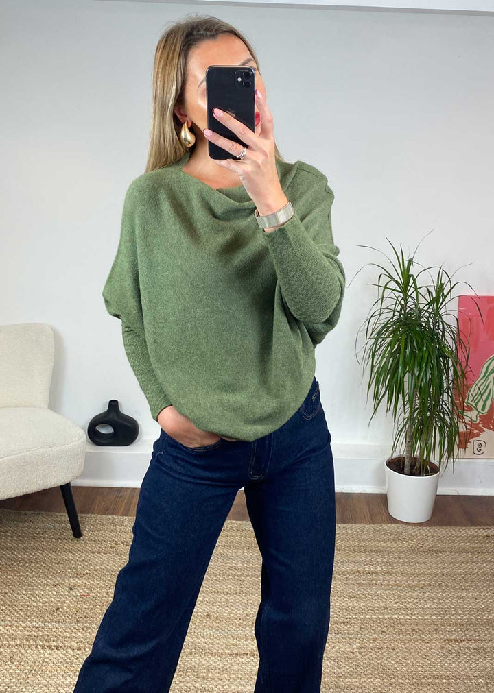 Grace Asymmetric Knit Jumper in Olive Green