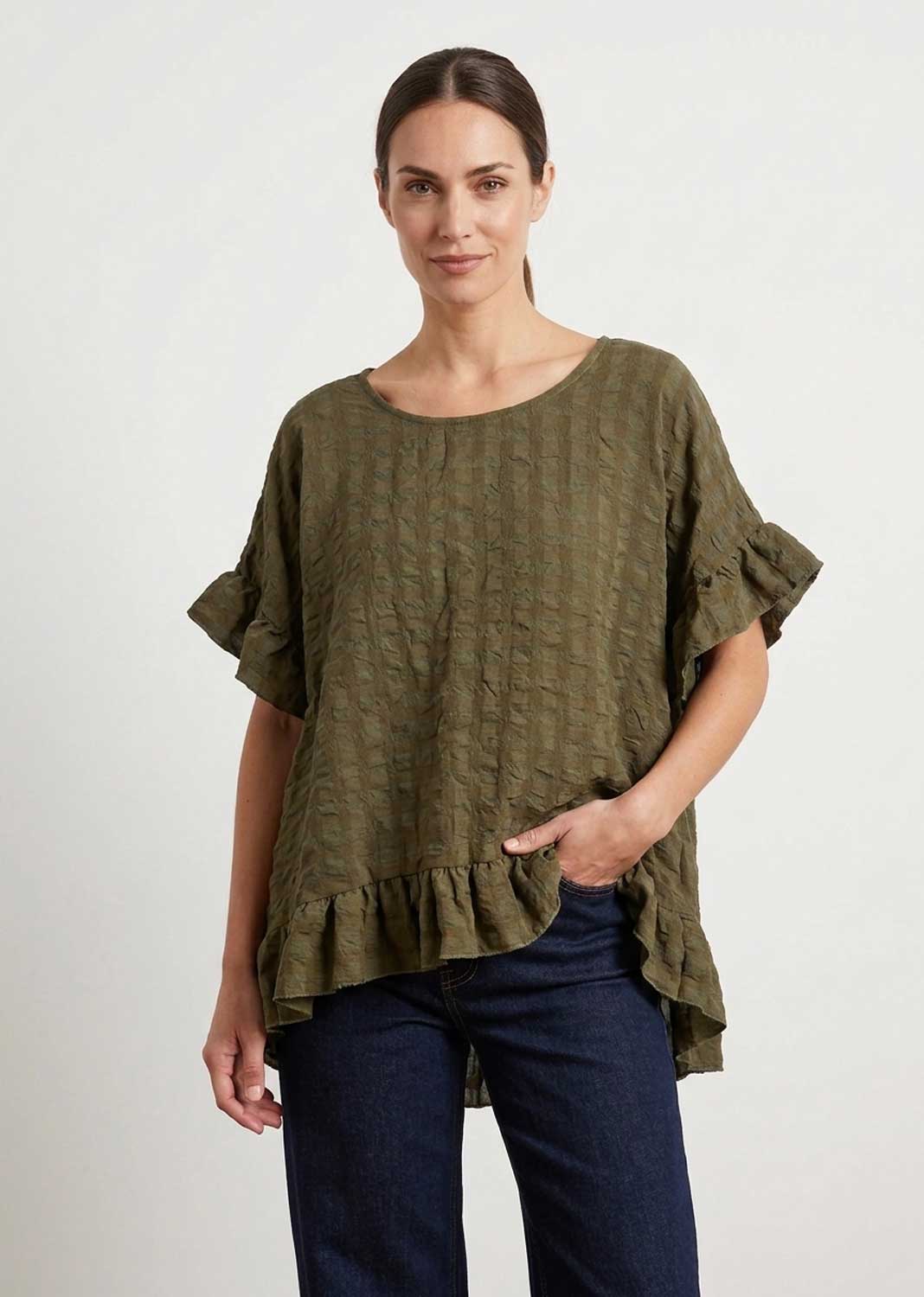 Hattie Khaki Frill Sleeve Top