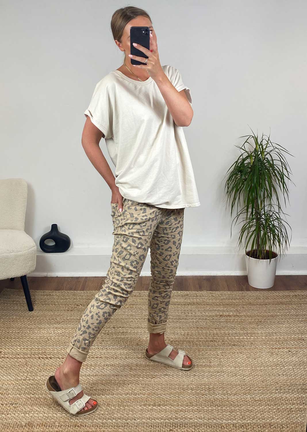 Leopard Tapered Magic Pants in Camel