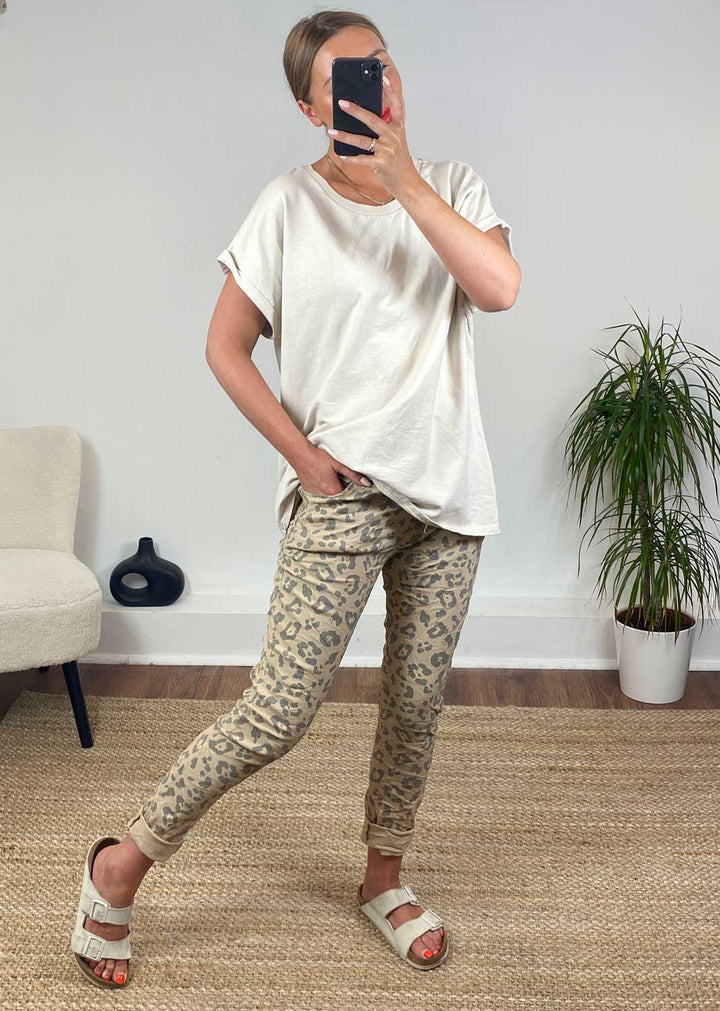 Leopard Tapered Magic Pants in Camel