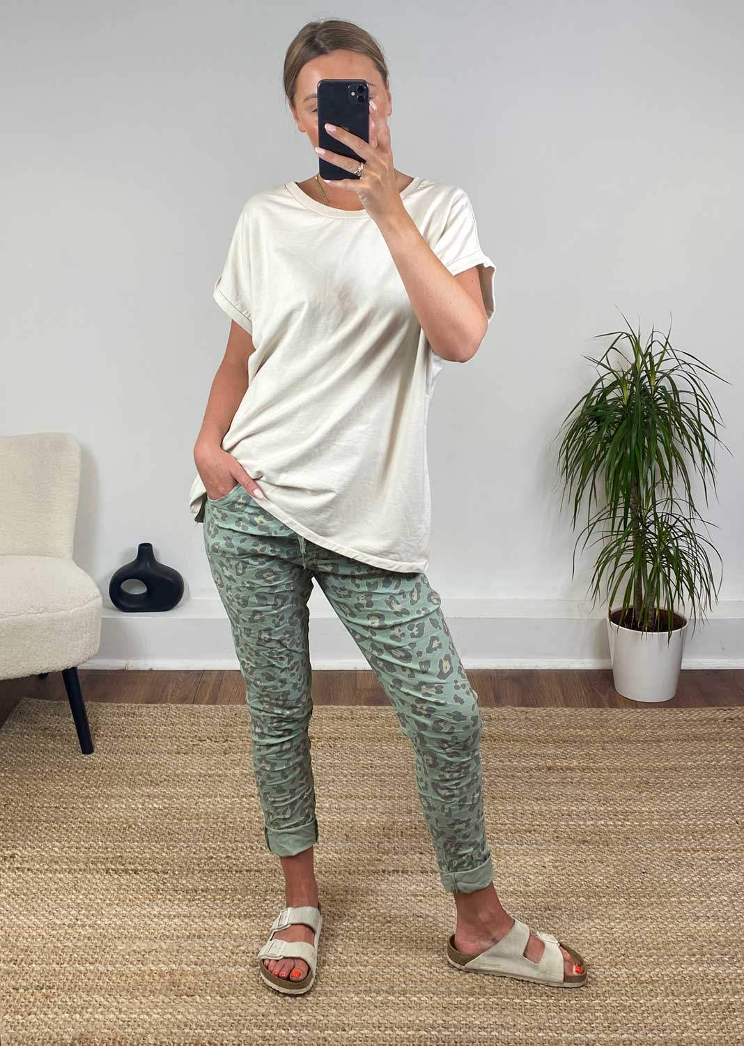 Leopard Tapered Magic Pants in Sage Green