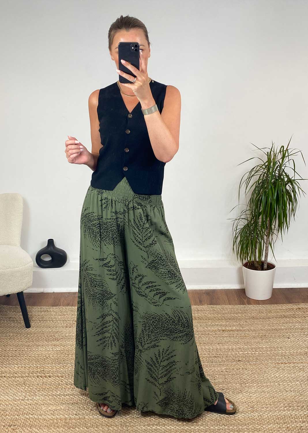 Lila Leopard Leaf Palazzo Pants in Khaki