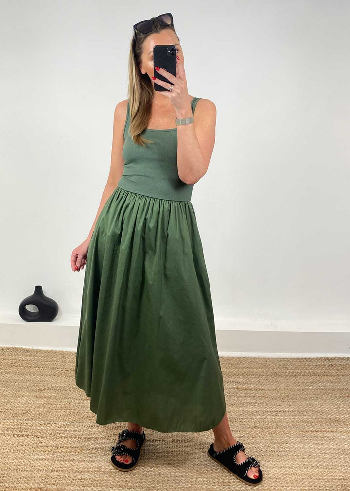 Lily Ribbed Tea Dress in Khaki