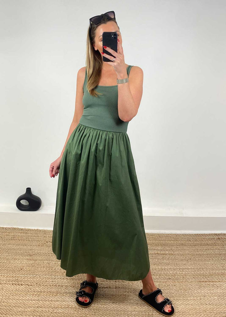 Lily Ribbed Tea Dress in Khaki