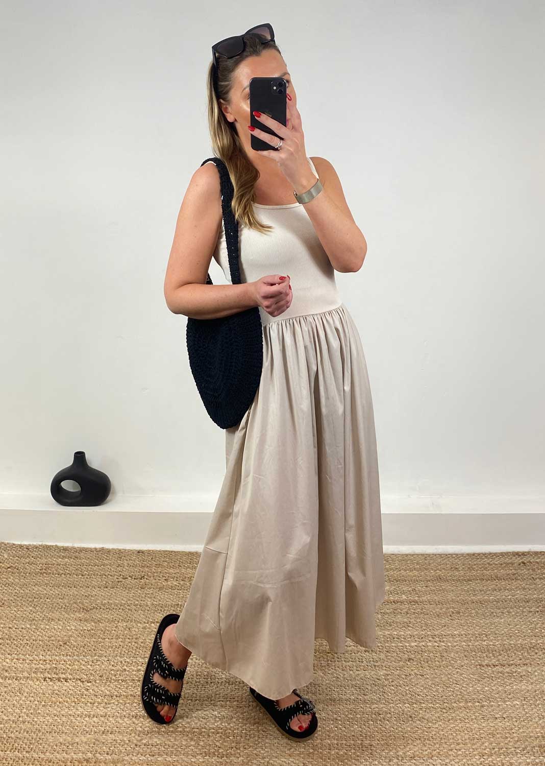 Lily Ribbed Tea Dress in Beige