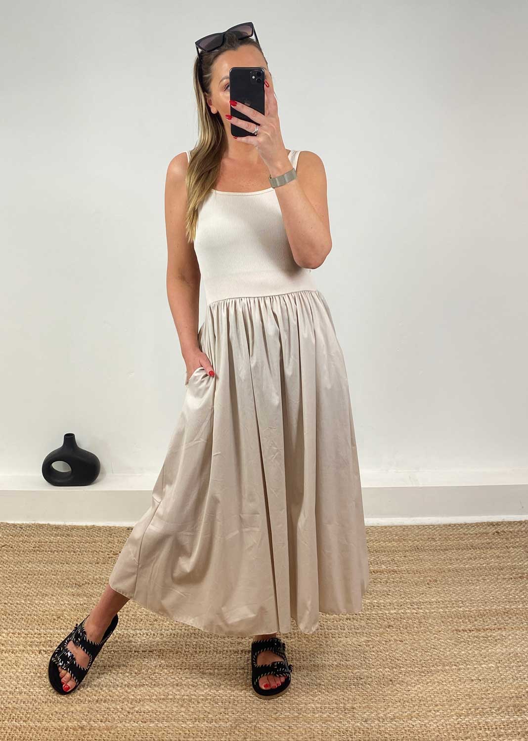 Lily Ribbed Tea Dress in Beige