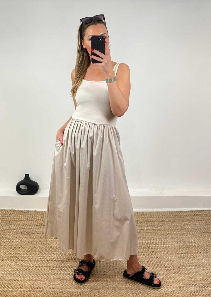 Lily Ribbed Tea Dress in Beige