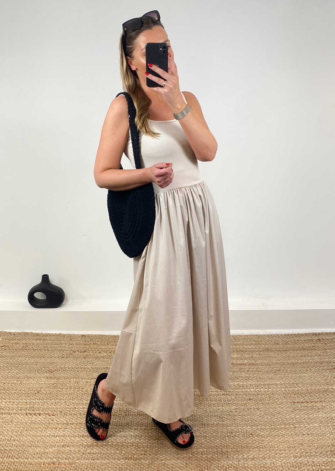 Lily Ribbed Tea Dress in Beige