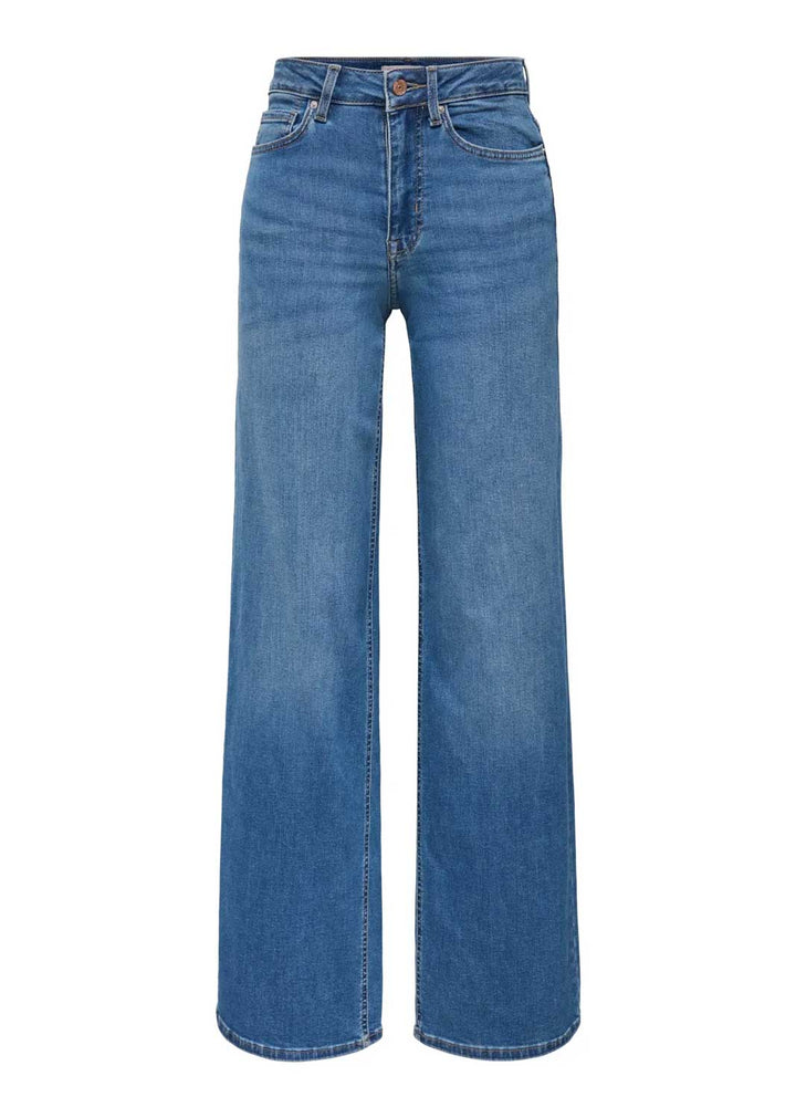 A pair of medium-wash blue denim jeans with a high waist and wide-leg silhouette, shown against a plain white background.