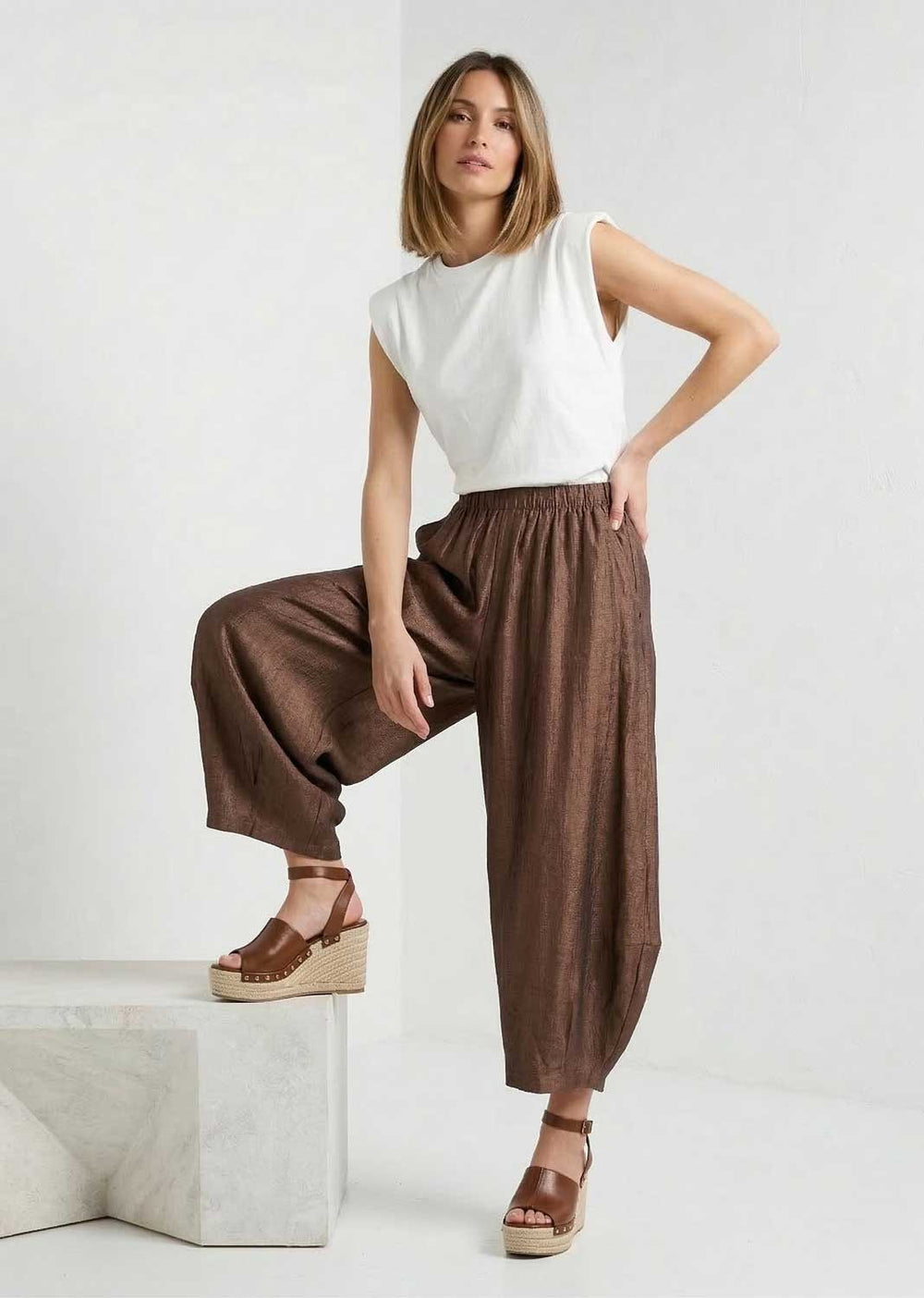 bronze shimmer barrel pants 
