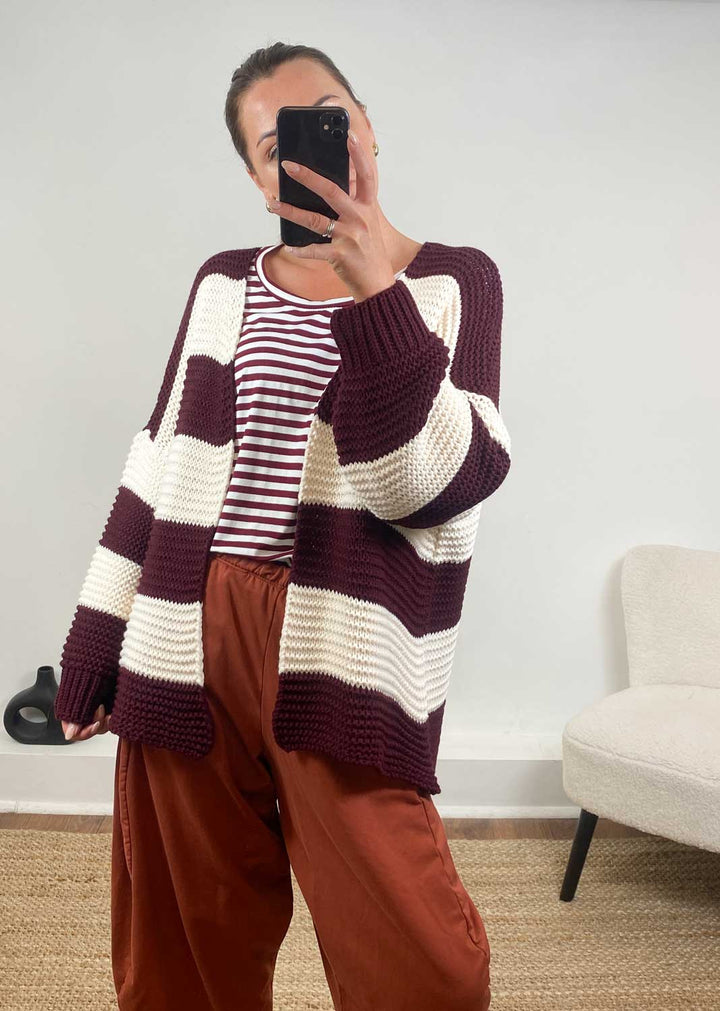 Odette Stripe Cardigan in Burgundy