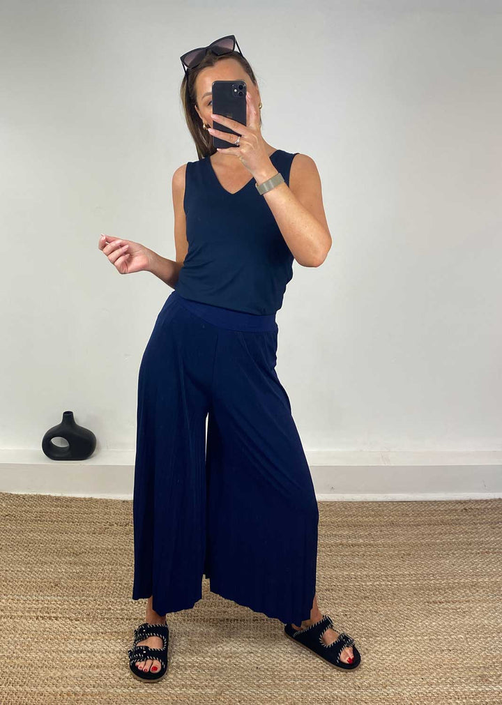 Pleated Palazzo Pants in Navy