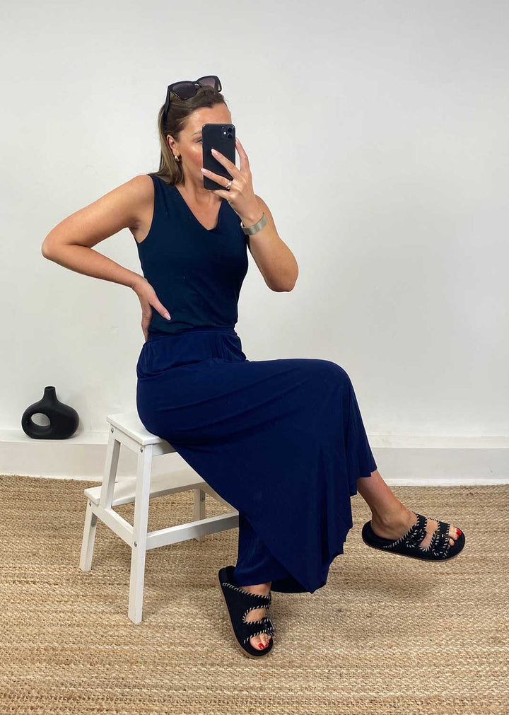 Pleated Palazzo Pants in Navy