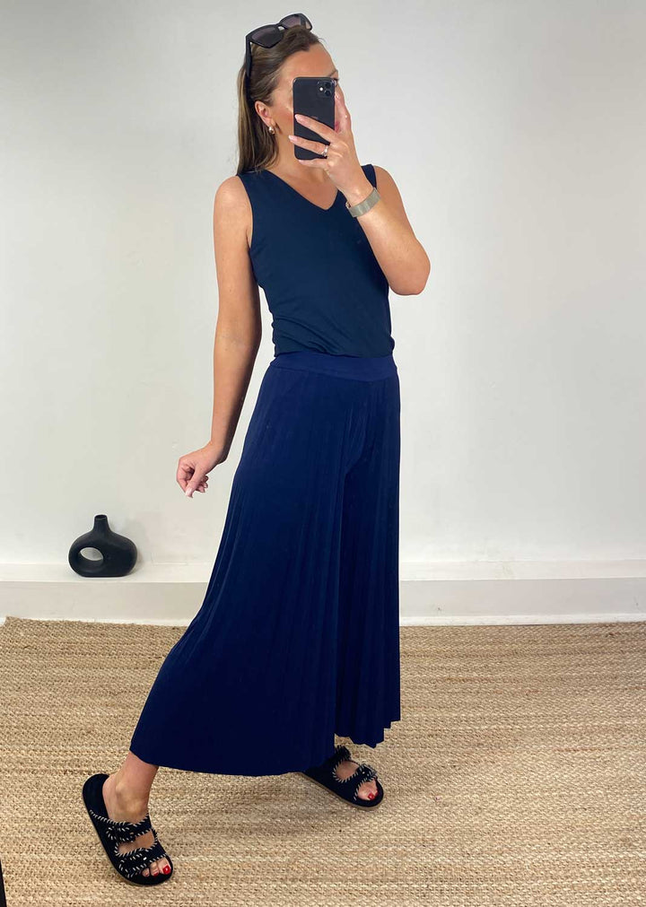 Pleated Palazzo Pants in Navy