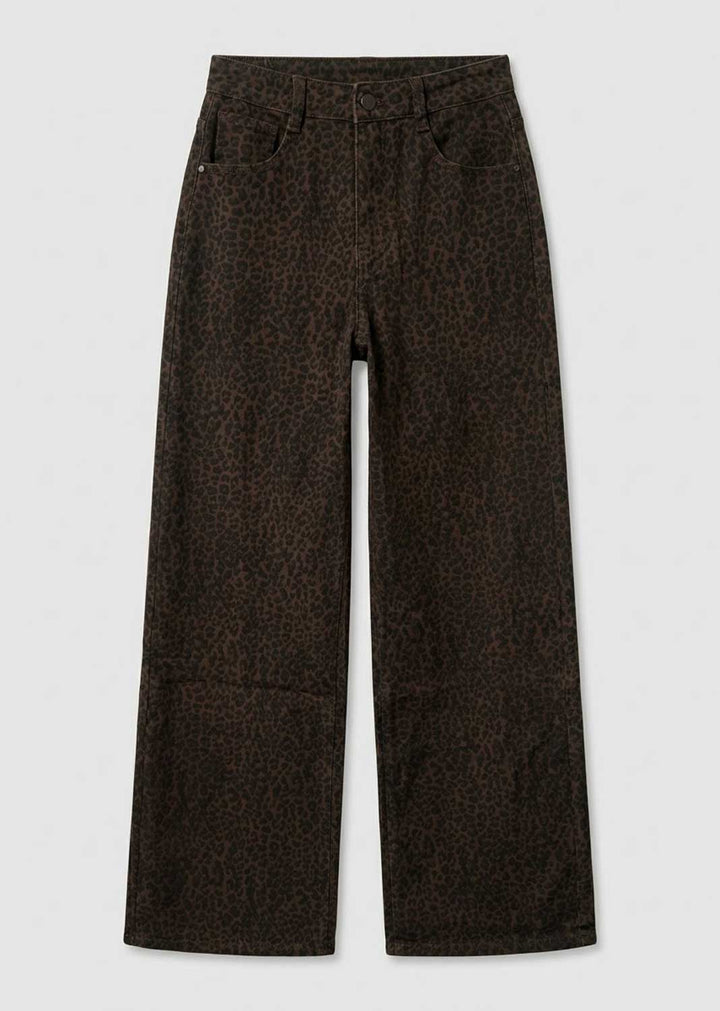 Dark brown leopard-print wide-leg jeans with a subtle textured finish, displayed flat against a light gray background.