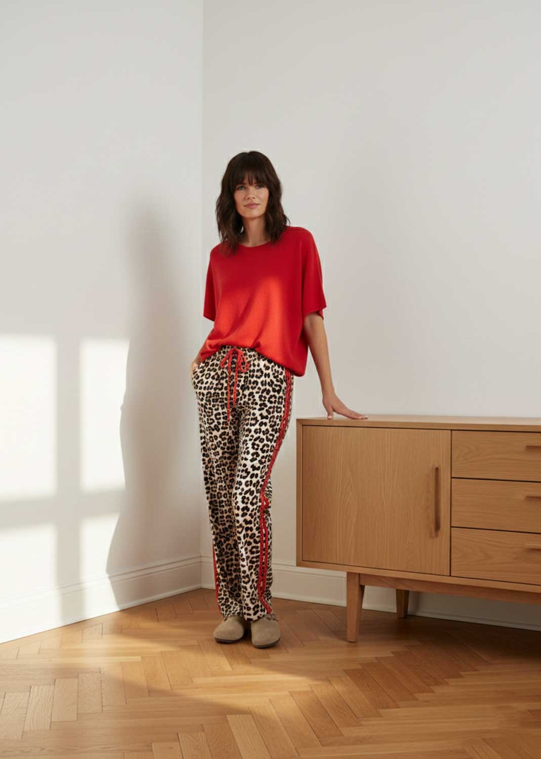 Rina Leopard Side Stripe Pants Red