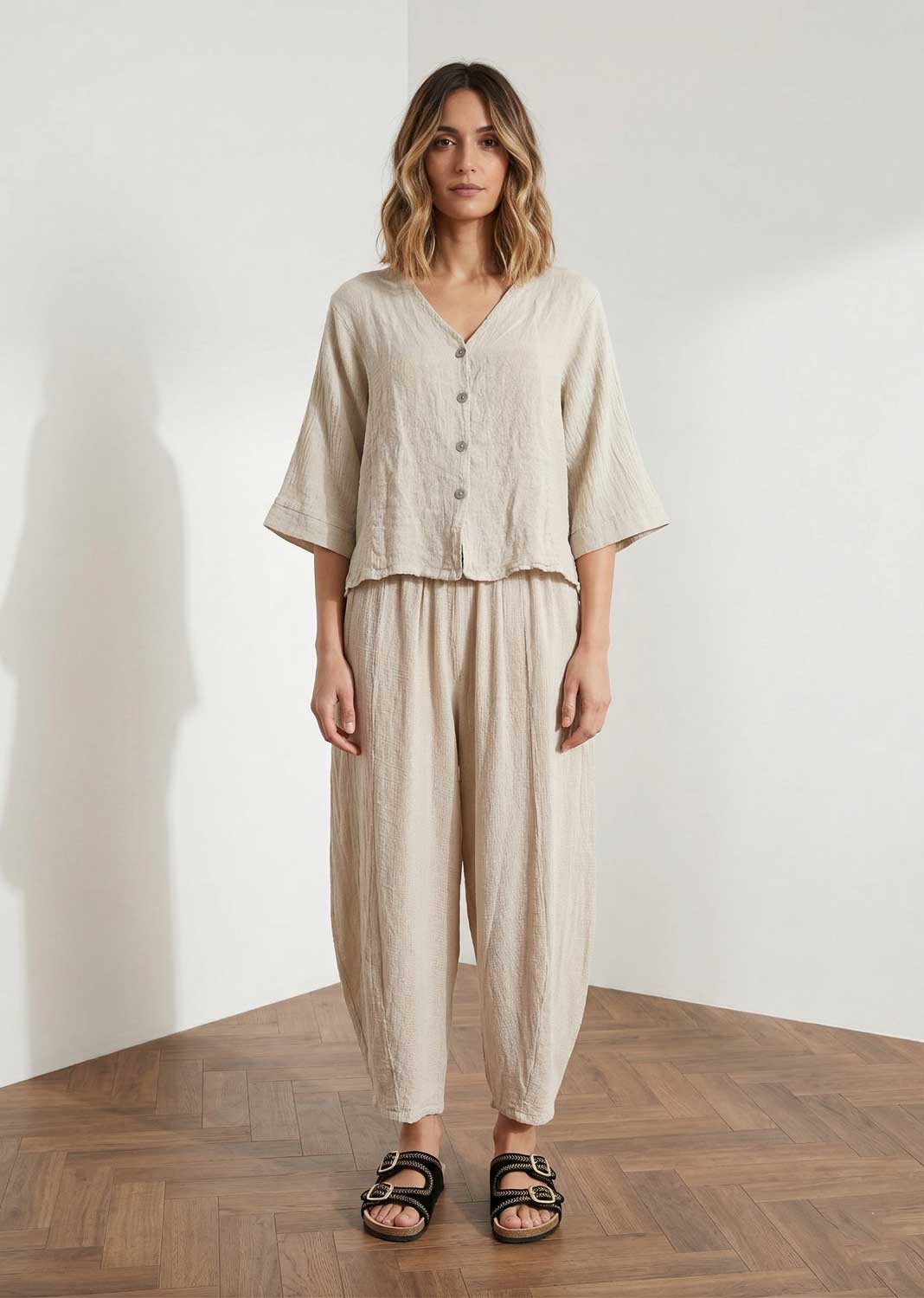 Sandy Cream Hopsack Barrel Pants