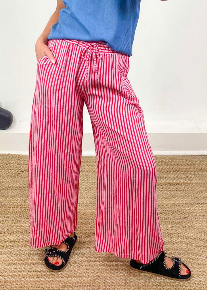 Siena Stripe Linen Pants in Pink Red