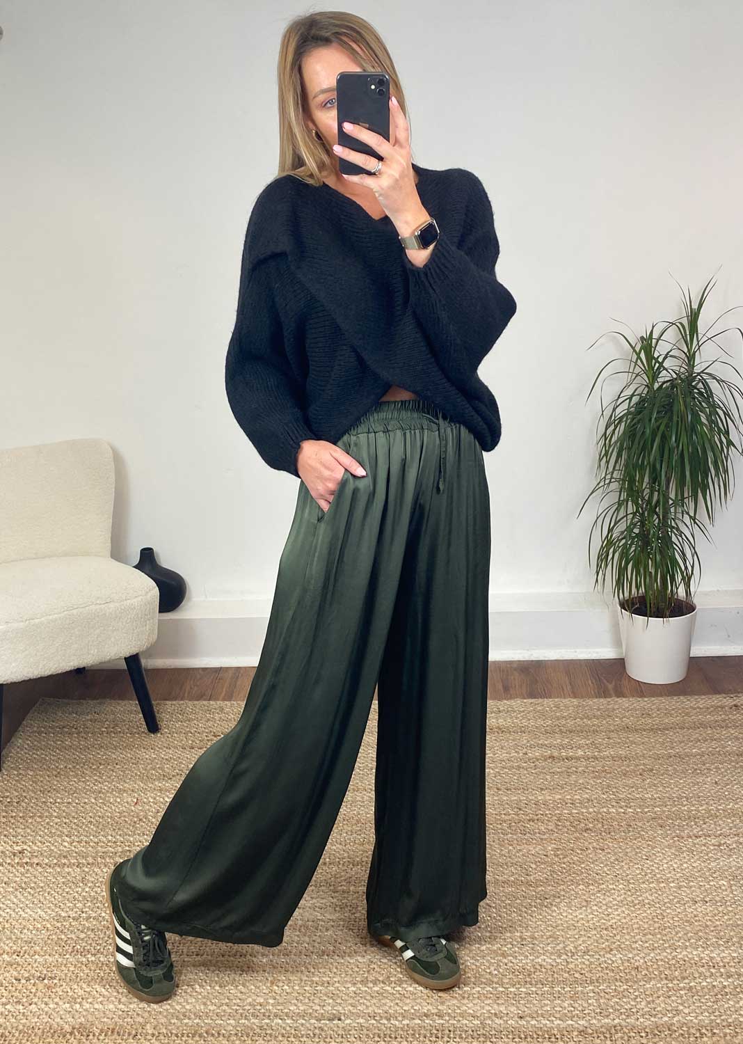 Brooke Silky Tie Waist Pants in Khaki