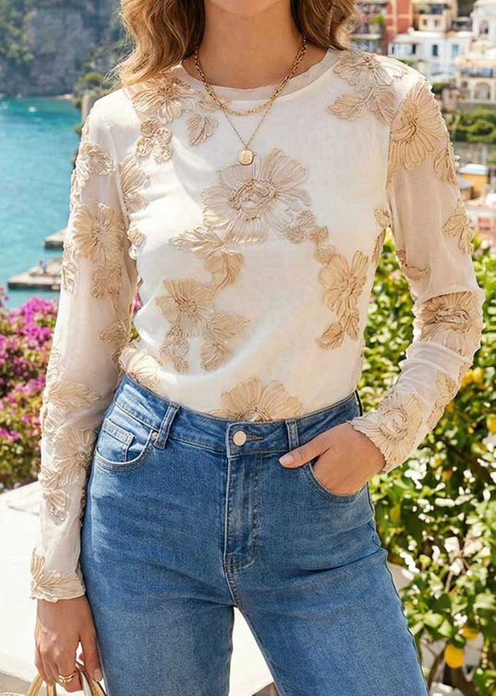Victoria Applique Sheer Top Cream Champage