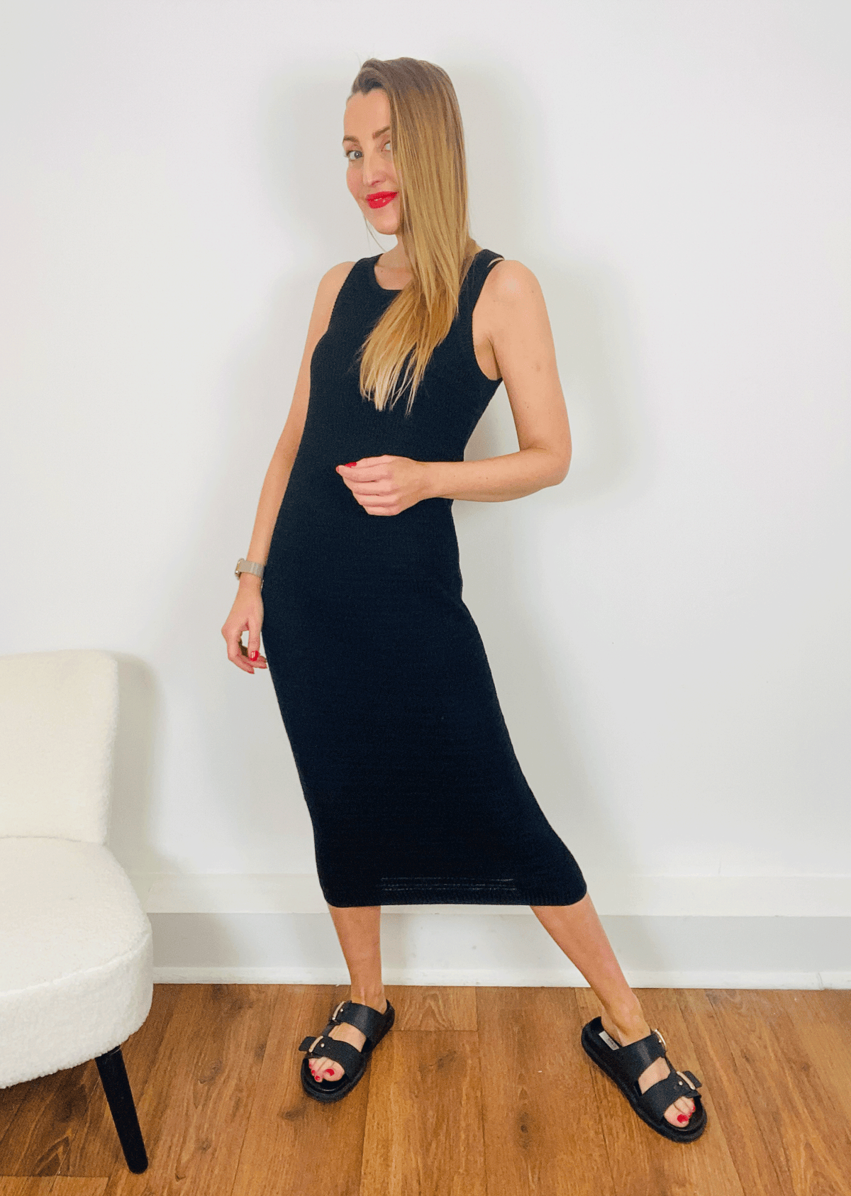 Black Crochet Knitted Pointelle Long Dress